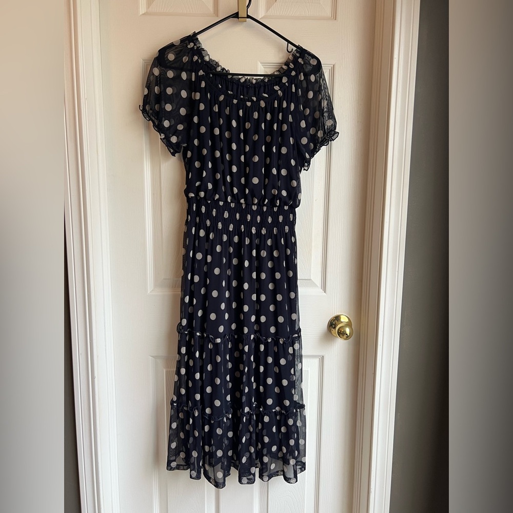 Navy Blue and White Ruffled Midi Dress with Scoop Neck